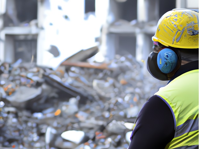 demolition worker watching building being tear down