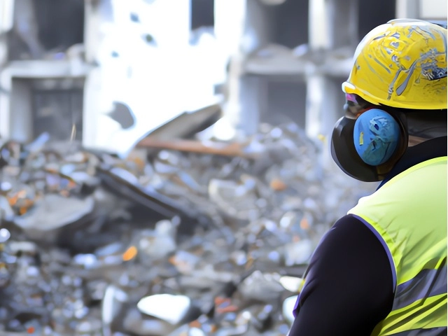 demolition worker watching building being tear down
