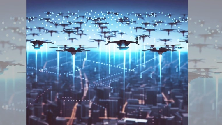 group of drones fly over city scanning