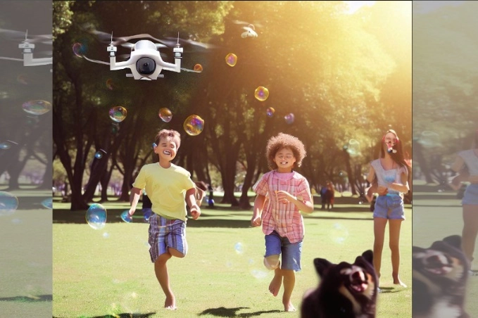 Drone releasing bubble with kids chasing it
